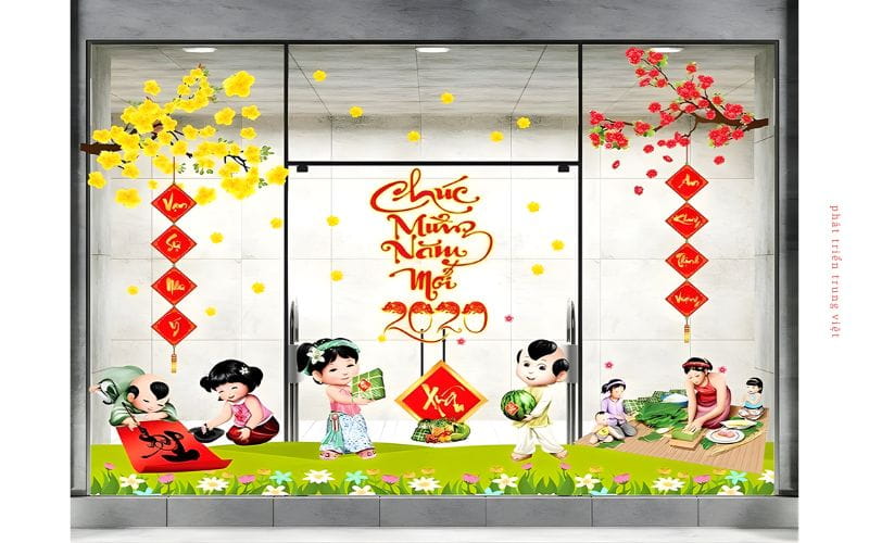 Decal trang trí cửa kính Tết với bộ chữ thư pháp